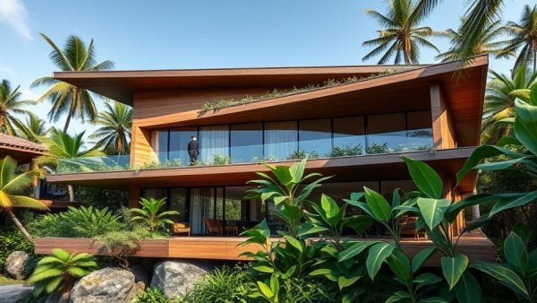 Modern tropical house with wood elements and greenery.