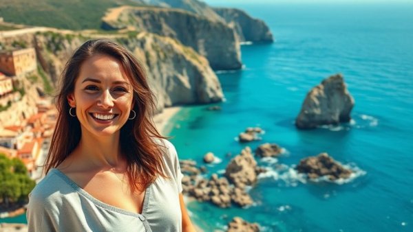 Smiling woman with Portugal landscape for Portugal Golden Visa 2026