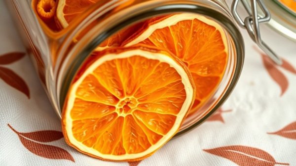 Aromatic oranges in home decor, dried slices in a glass jar.