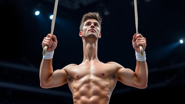 Male gymnast on rings at 2026 World Championships Gymnastics Finals.