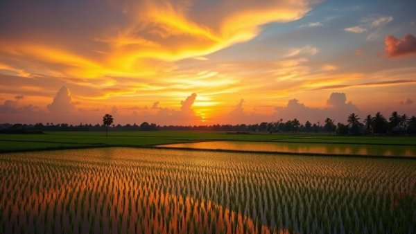 Serene rice fields at sunset in Da Nang, mirrored skies, best places to live
