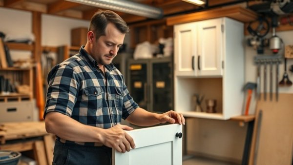 DIY kitchen design: Person building a cabinet in a garage.
