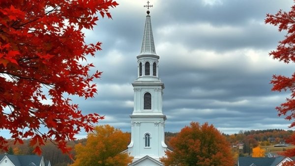 White church with autumn leaves, calm fall ambiance.