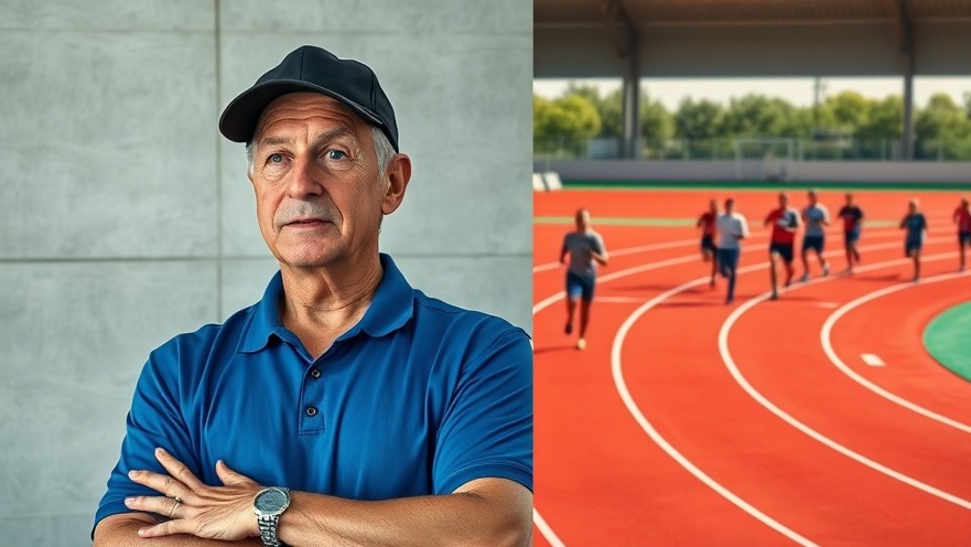 Coach discussing Athletic Performance Training indoors as athletes run on a vibrant track.