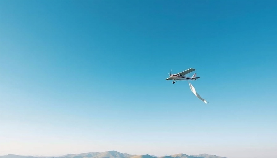 Clear sky with plane banner over hills in morning light.