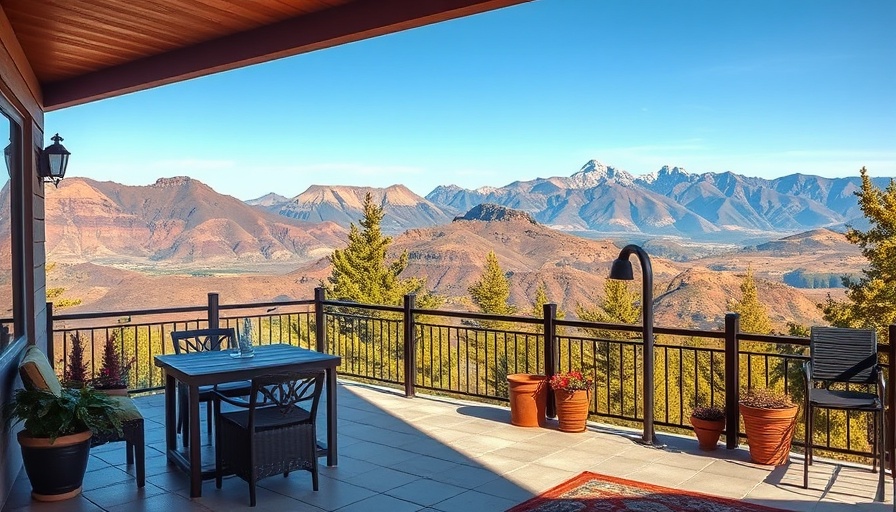 Cozy patio with a view of mountains and clear sky, peaceful setting.