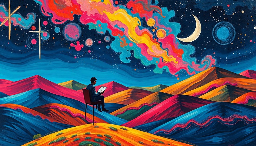 Surreal dream painting, person on floating chair under night sky.