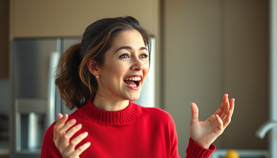 Energetic woman discussing gastric balloons in modern kitchen.