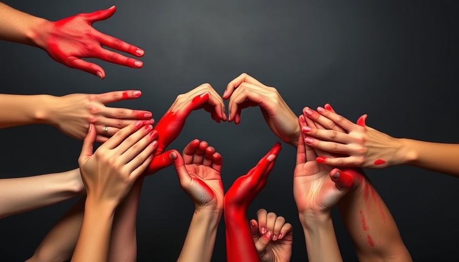 Hands creating a heart shape with red paint, symbolizing unity.