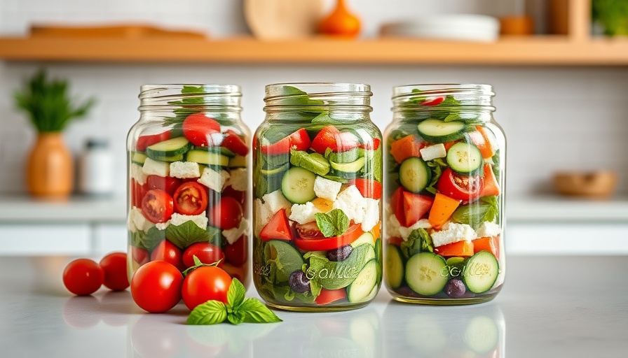 Fresh and colorful Greek salad in a jar on a kitchen counter.