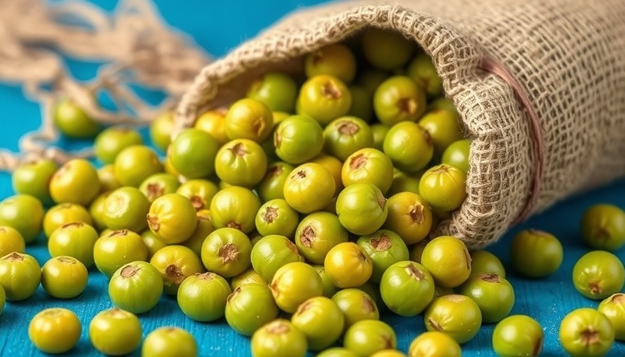 Amla berries and health benefits text on blue background.