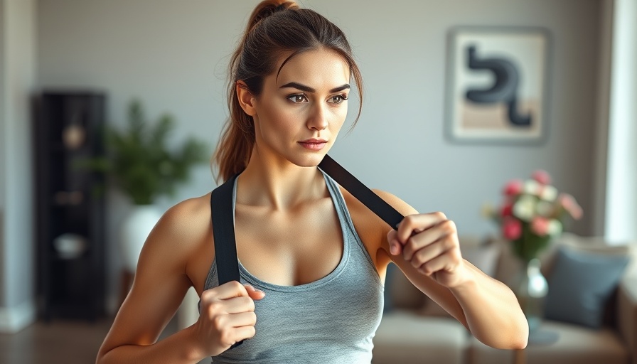 Fit woman exercising with resistance band to get rid of back fat in living room