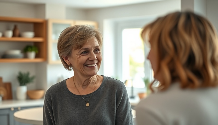 Friendly middle-aged woman indoors discussing sugar addiction.