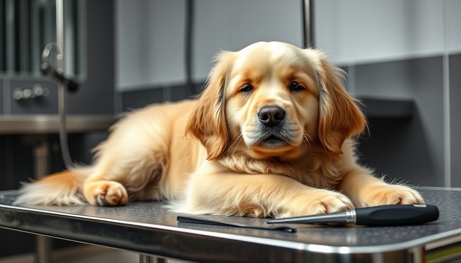 Fluffy golden dog on grooming table in bright modern setting.