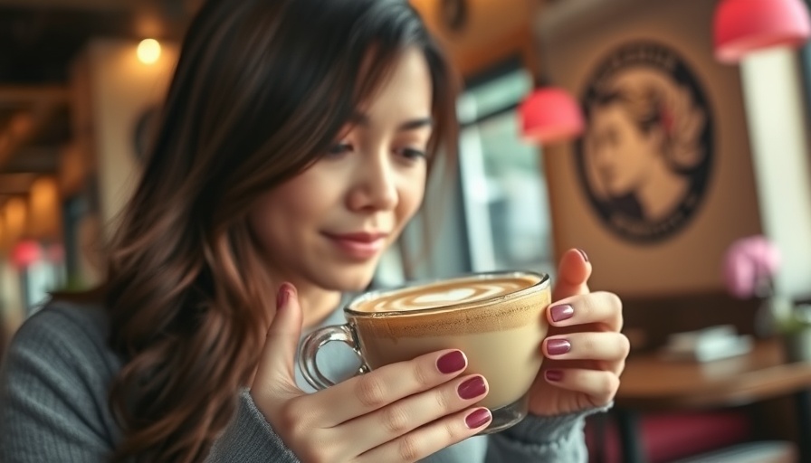 Young woman enjoying a personalized coffee drink in a cozy cafe.