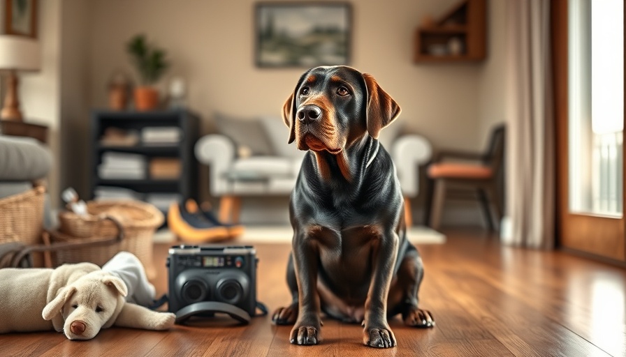 Labrador retriever in home with dog accessories.