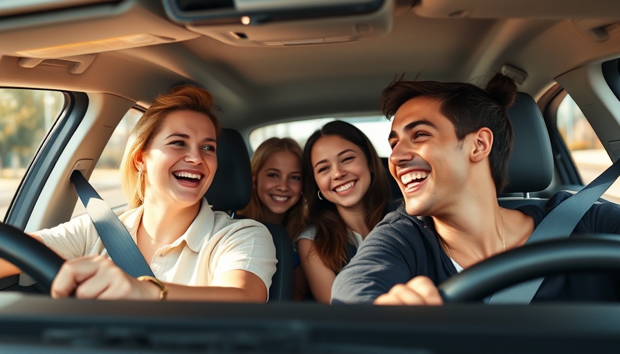 Family enjoying summer drive, promoting car insurance offers with cashback.