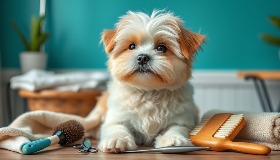 Adorable dog with grooming tools showing at-home dog grooming tips.