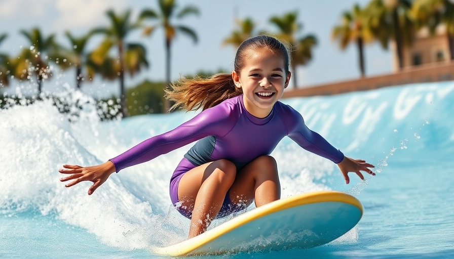 Young girl surfing joyfully on wave simulator, Sounds of Summer.