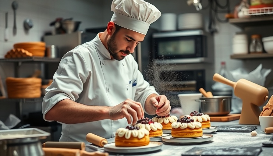 Bakery chef skillfully decorating pastries in a modern kitchen.