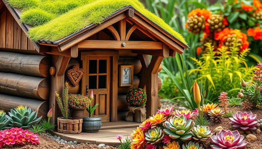Green roof log store with succulents in a garden setting.