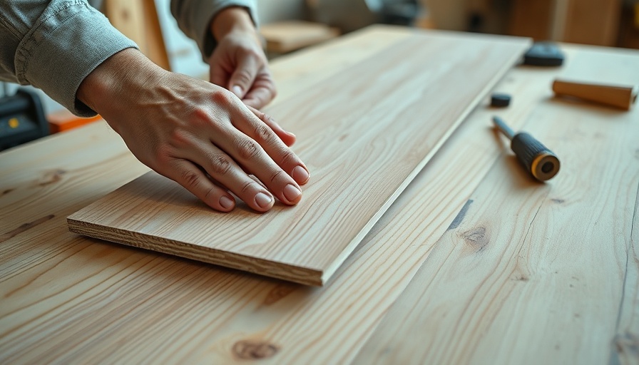 Hands positioning cut vinyl plank flooring on a workbench.