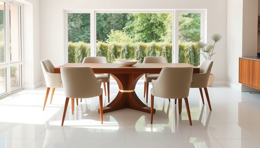 Contemporary dining room with a sleek wooden table and elegant chairs.