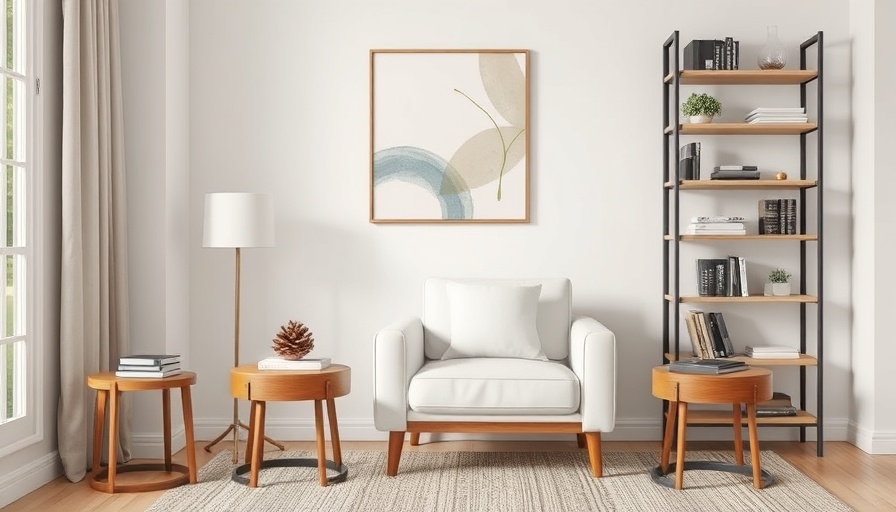 Modern living room corner with a white armchair and wooden tables.