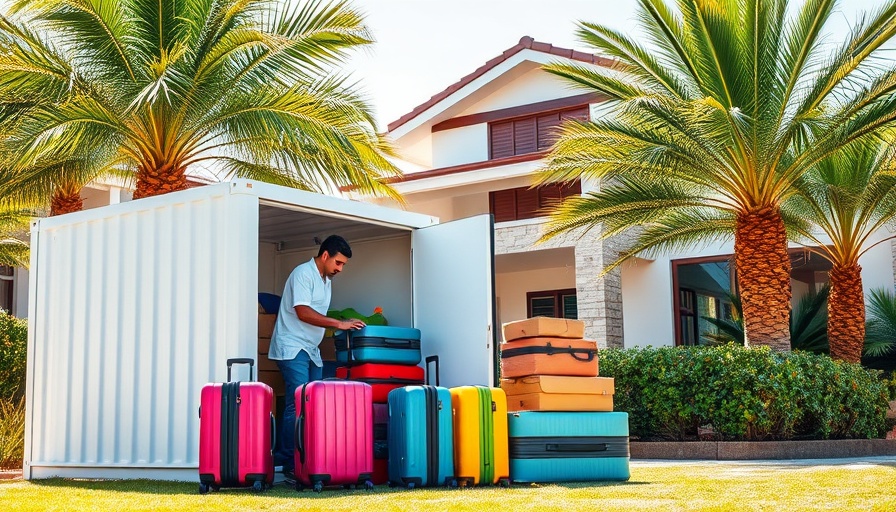 Portable storage Tampa scene with boxes and suitcases in suburban area.