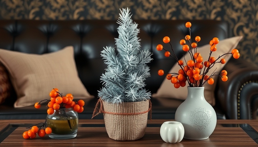 Stylish winter home accents with a frosted tree and berry vase.