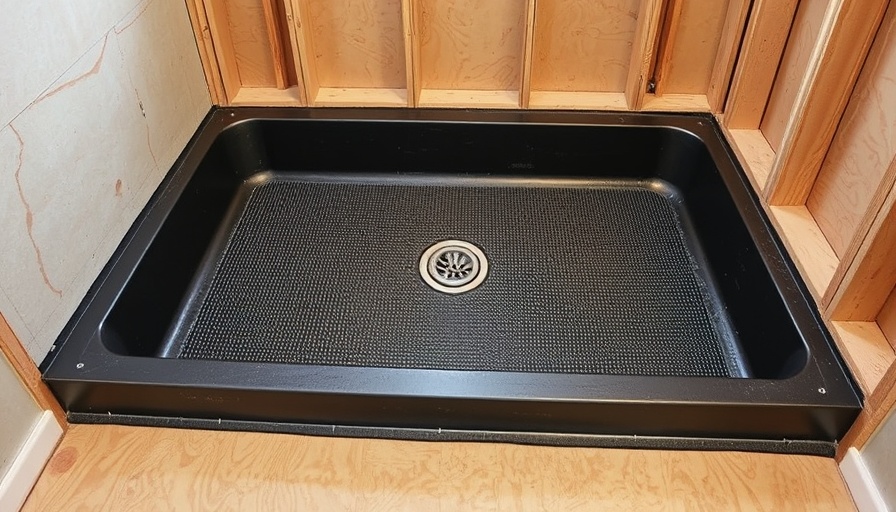 Shower pan construction with liner and drain in wooden frame.