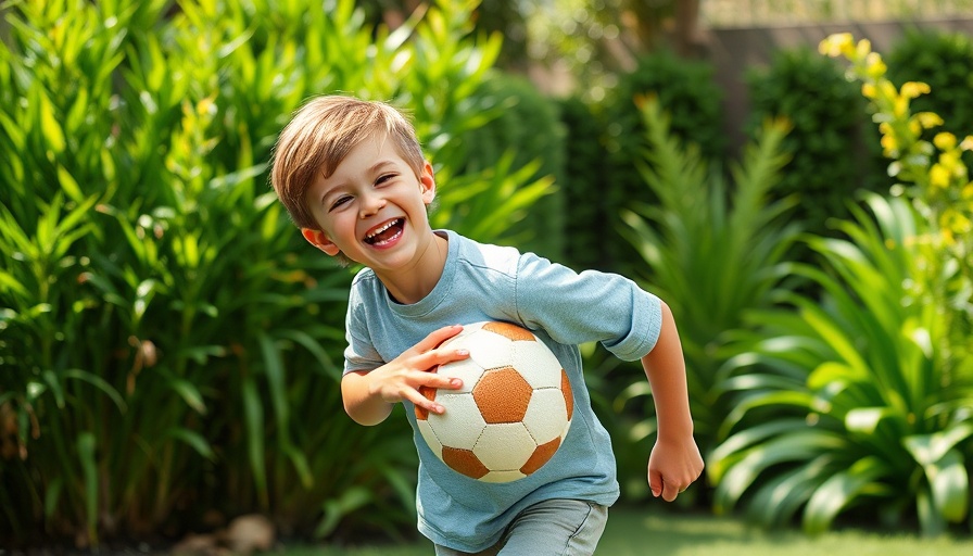 Child and dog playing football in a safe backyard environment.