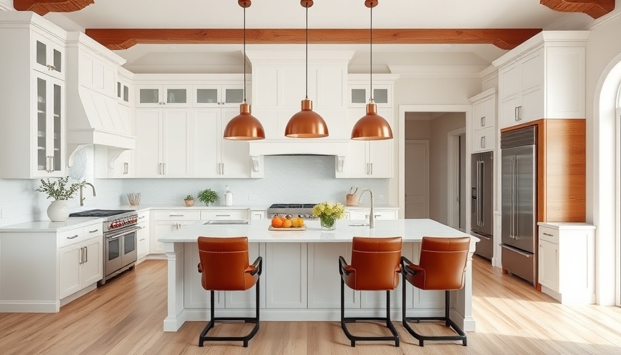 Modern farmhouse kitchen with sleek white and warm accents.
