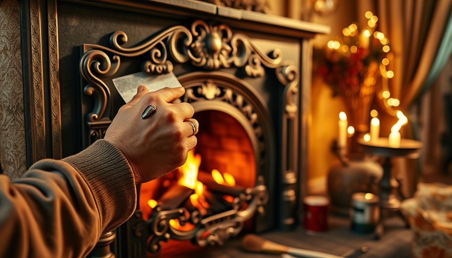 Hand painting a detailed metal fireplace, tools nearby, illustrating how to paint a metal fireplace.