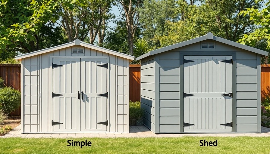 Choosing between metal and plastic sheds - display comparison in a garden setting.