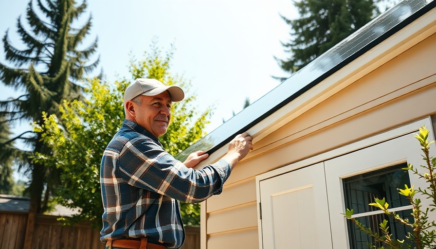Man working with a solar shed kit in the backyard