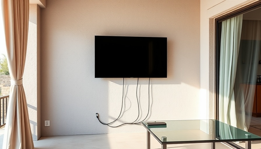 Outdoor wall-mounted TV with visible power cords