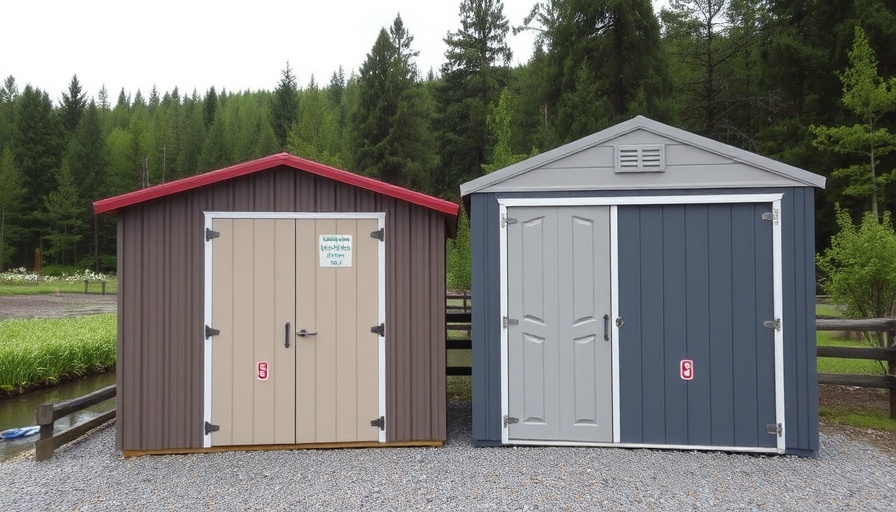 Metal and plastic sheds side by side with price tags shown.
