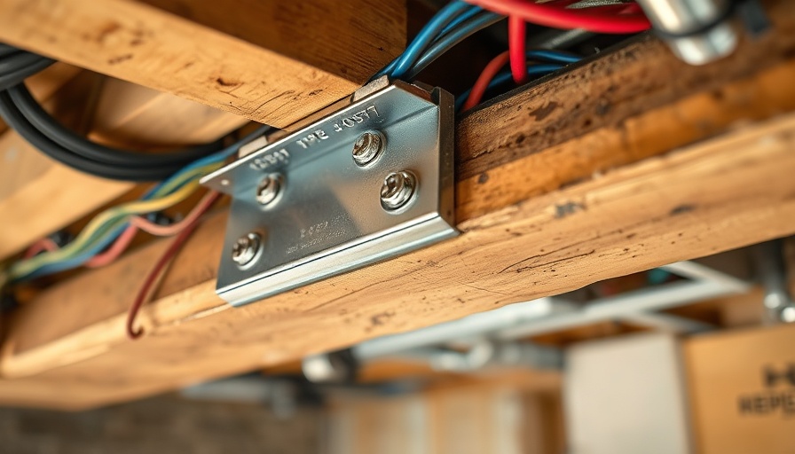 Inspector-approved DIY repair for notched floor joists, showing metal reinforcement, wiring and pipes.