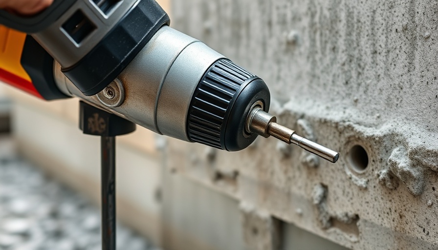 Power drill and anchor on concrete, outdoor setting.