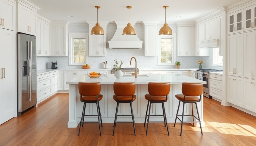 Modern farmhouse kitchen with white cabinets and brown leather stools.