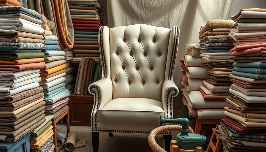 Elegant tufted chair with reupholstery fabrics and tools around it.