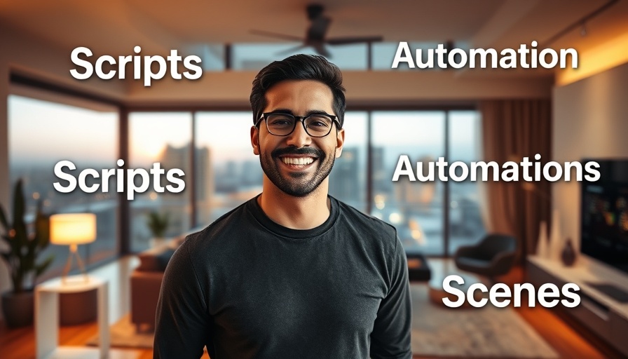 Smiling man in smart home with automation scripts and scenes.