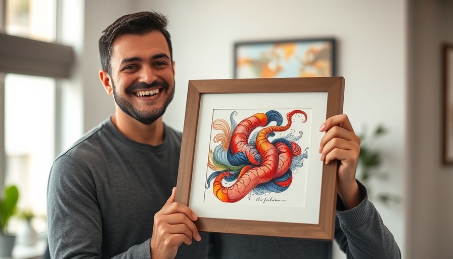 Smiling man with E-ink picture frame in soft indoor light.