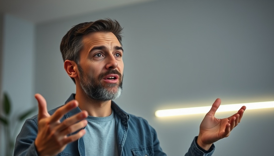 Man discussing easy smart home setup with LED background lighting.
