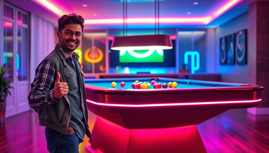Man showing smart home billiards table with vibrant lighting.