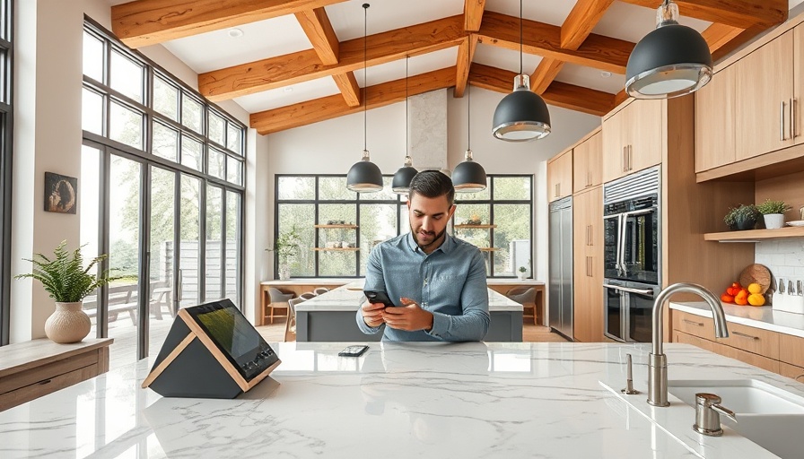 Home Automations control in modern kitchen with smart device on counter.