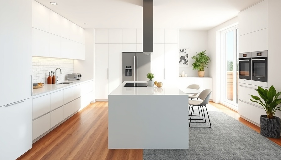 Modern kitchen with carpet vs tile flooring contrast.