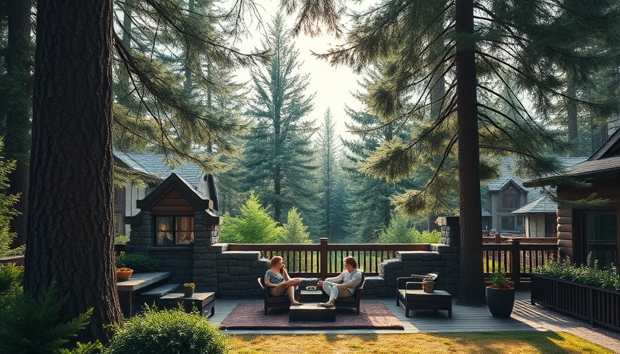 Cozy outdoor living space with people relaxing among trees.