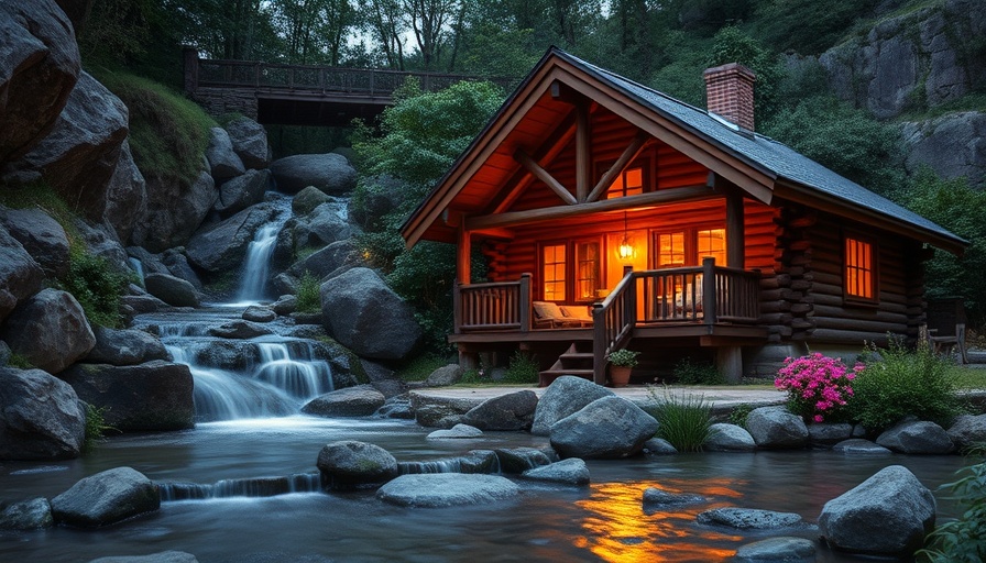 Water features in landscape design with illuminated log cabin